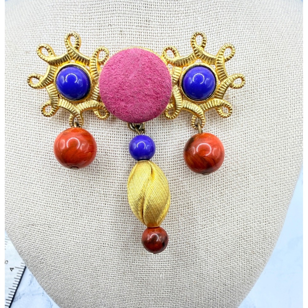 Gold Tone Dangle Brooch Mauve Sueded Fabric Blue Red Glass Stones 2.5"